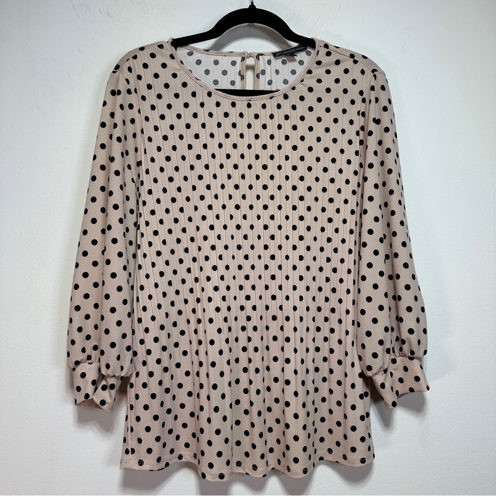 Adrianna Papell Blush Black Polka Dot Blouse Relaxed Fit 3 4 Sleeve Lightweight